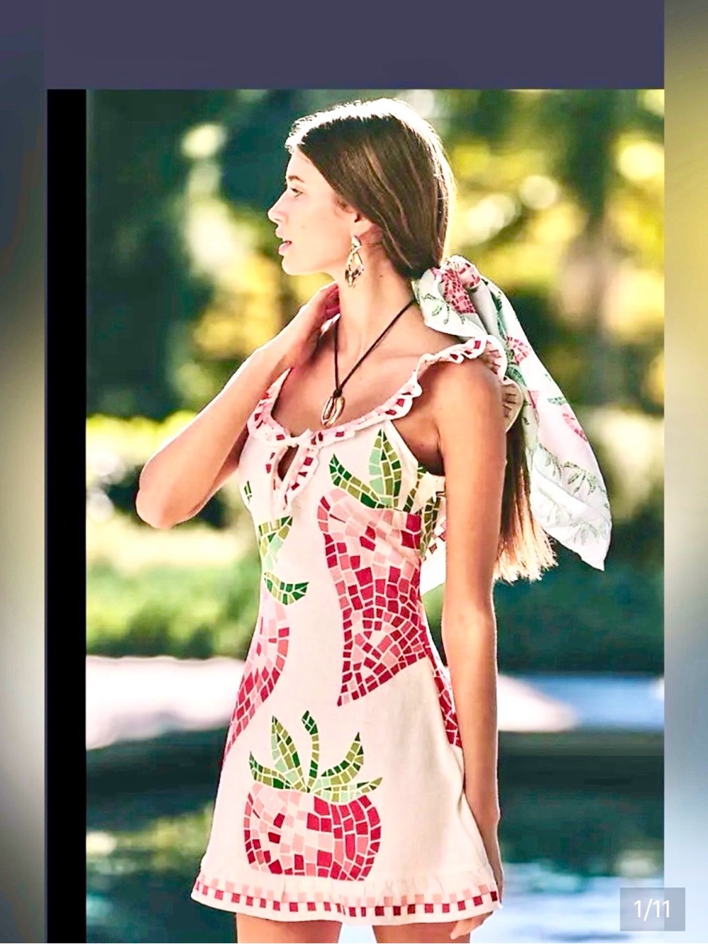 CELANDINE ANTHROPOLOGIE Minidress. Tie Front, Open Back Strawberry Mosaic Print